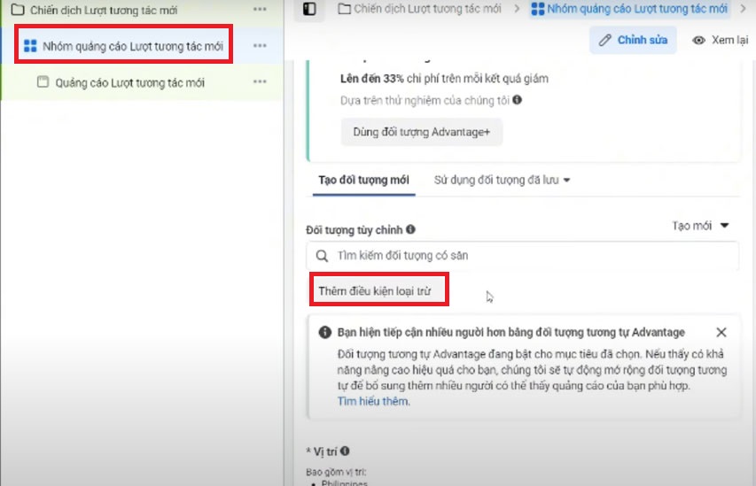 Thêm điều kiện loại trừ trong chiến dịch quảng cáo Facebook